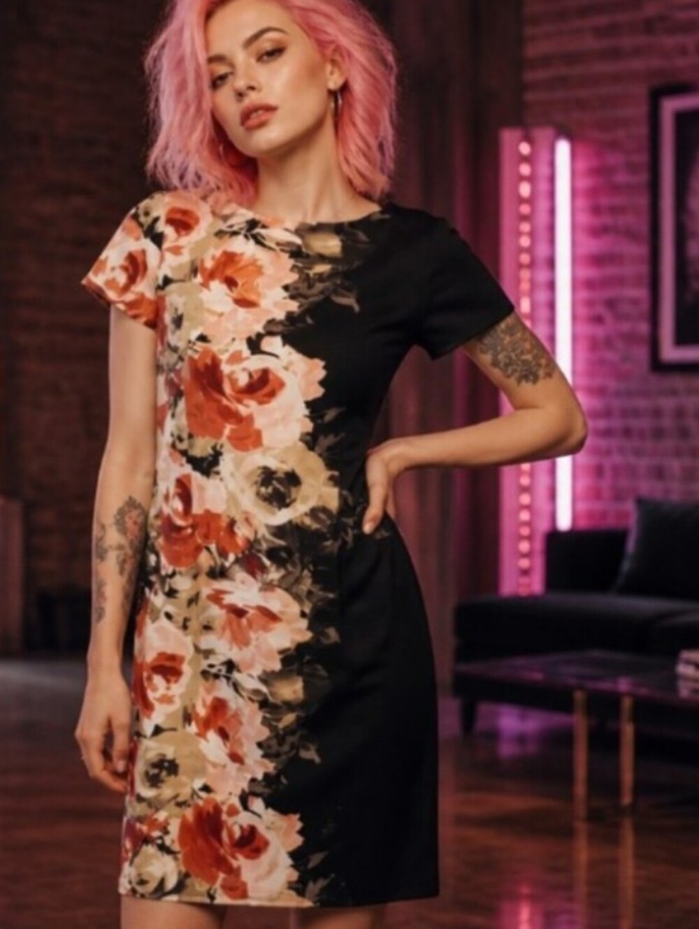 Black Floral-Panel Short Sleeve Mini Dress